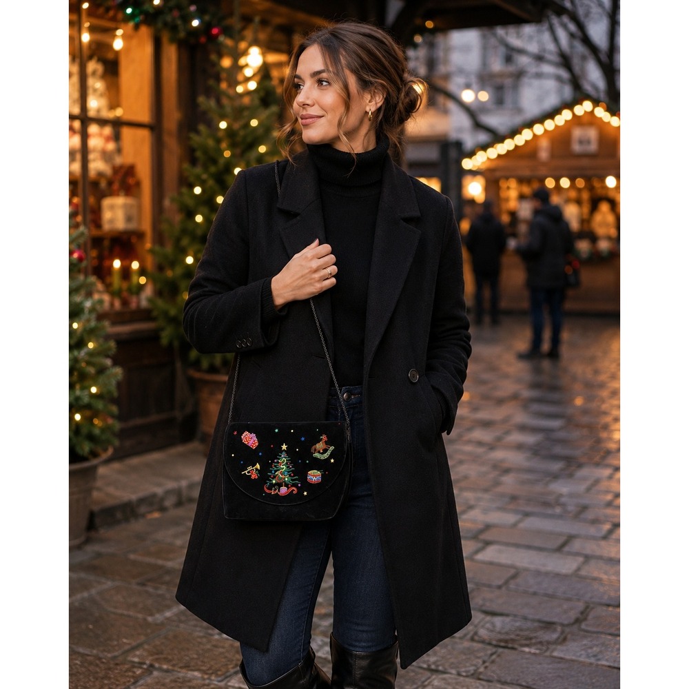 Vintage Christmas Tree Embroidered Black Velvet Crossbody Bag Holiday Festive
